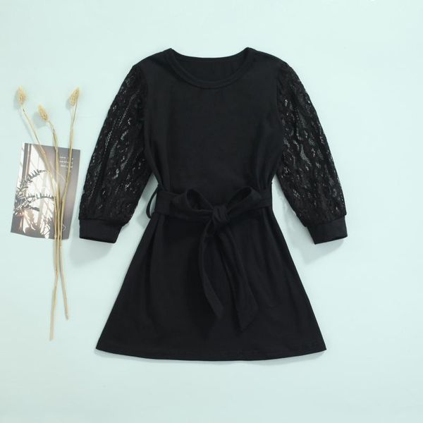 

girl's dresses toddler baby girl fall dress lace long sleeve round black hollow out belted children's clothing, Red;yellow