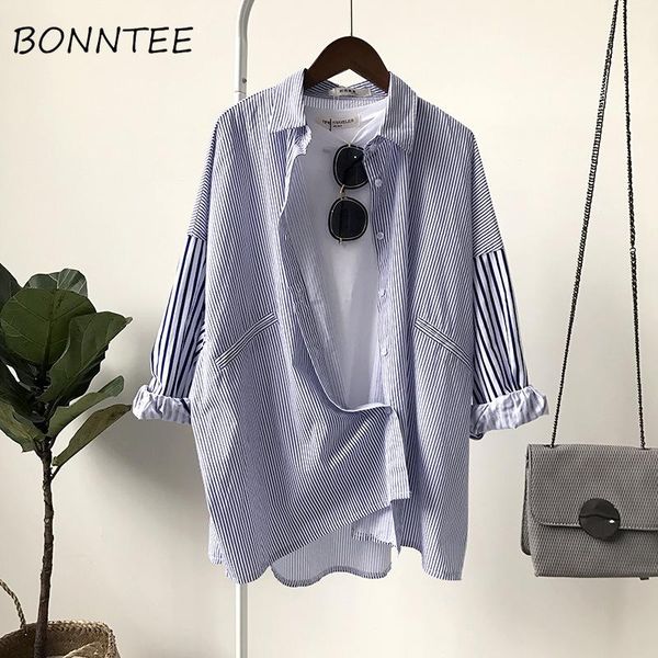 

women's blouses & shirts women loose long sleeve stand-collar bf casual striped womens all-match sun shading fashion chic korean style, White