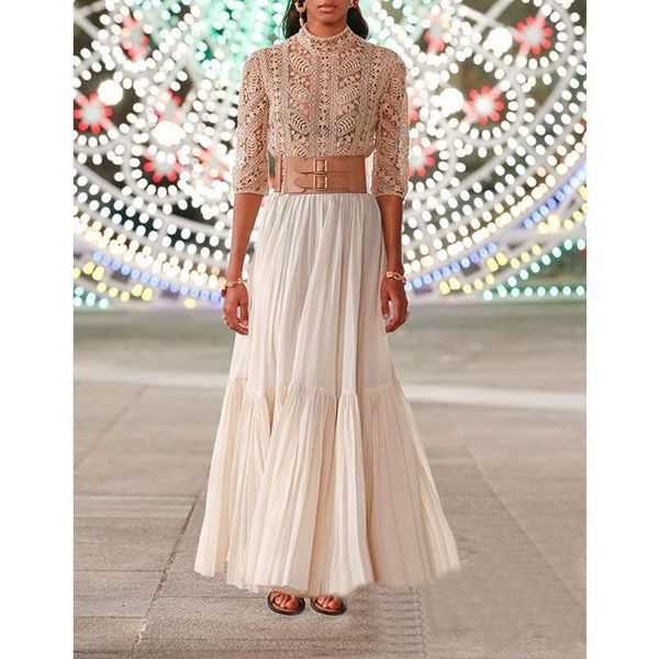 

1.18 spring fashion temperament hollow out lace embroidery with belt pleated long dress women casual dresses, Black;gray