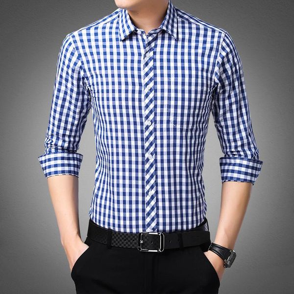 

men's casual shirts 2021 men plaid button shirt 100% cotton long sleeve male social square grid regular fit, White;black