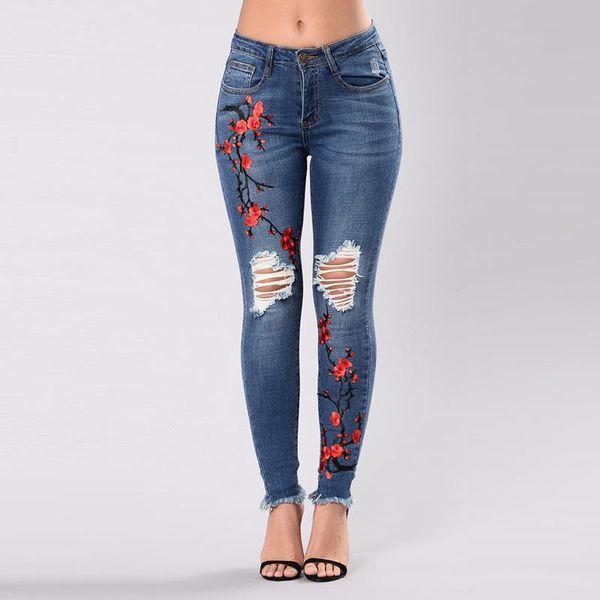 

stretch embroidered jeans for women elastic flower female slim denim pants hole ripped plum blossom pattern femme women's, Blue