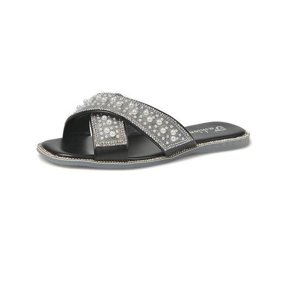 

women's slippers cross vamp fashion all-match pearl embellishment trend casual flat-bottom, Black
