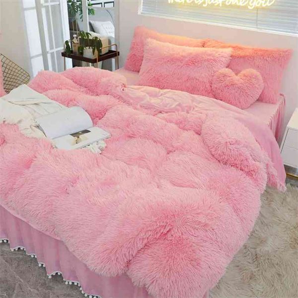 Luxury Pure Color Peluche Shaggy Warm Fleece Set biancheria da letto per ragazza Visone Velluto Doppio copripiumino Gonna Letto Federa Tessili per la casa 210831