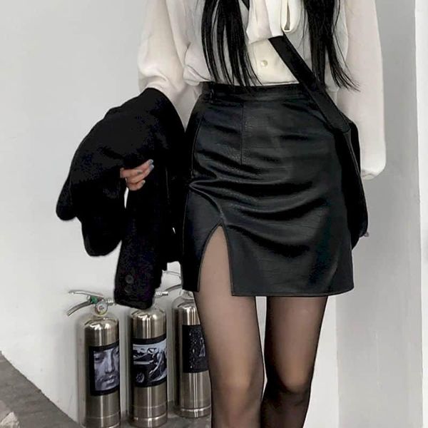 

skirts slit tight black leather skirt autumn winter a-line hip women cyber celebrity fashion high street cool girl