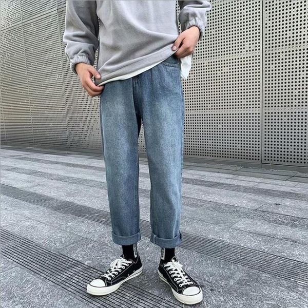 

men's jeans spring hong kong style denim pants student loose casual trend versatile straight, Blue