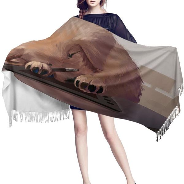 

scarves women cashmere scarf thin lady sleeping dog illustration shawls and wraps female hijab long pashmina head, Blue;gray