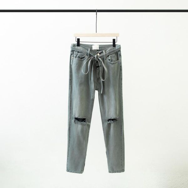 

Men's Pants Top Versions 6th FG Ripped Ribbon Drawstring Zipper Jeans High Street Hip Hop Oversize Casual Men Women Couple Denim, Black