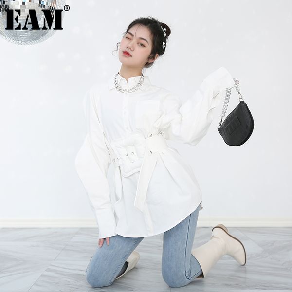 

[eam] women big size belt shaped black blouse lapel long lantern sleeve loose fit shirt fashion spring autumn 1dd39400 21512, White
