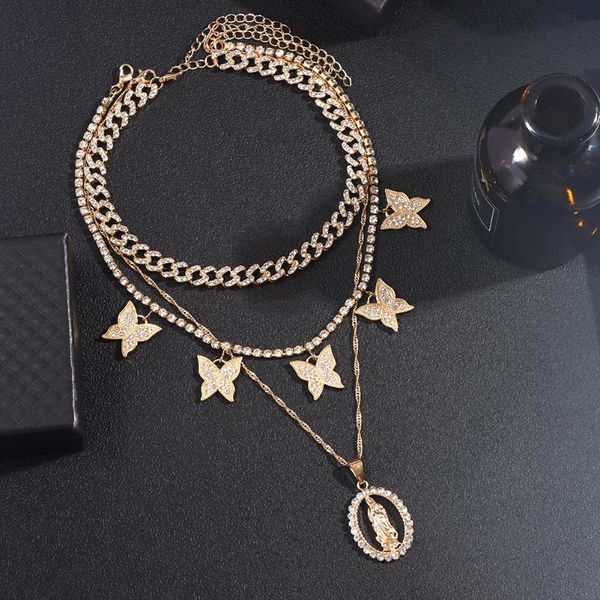 

chains flatfoosie hip hop miami cuban chain necklace for women multilayer iced out crystal butterfly pendant punk jewelry 2021, Silver