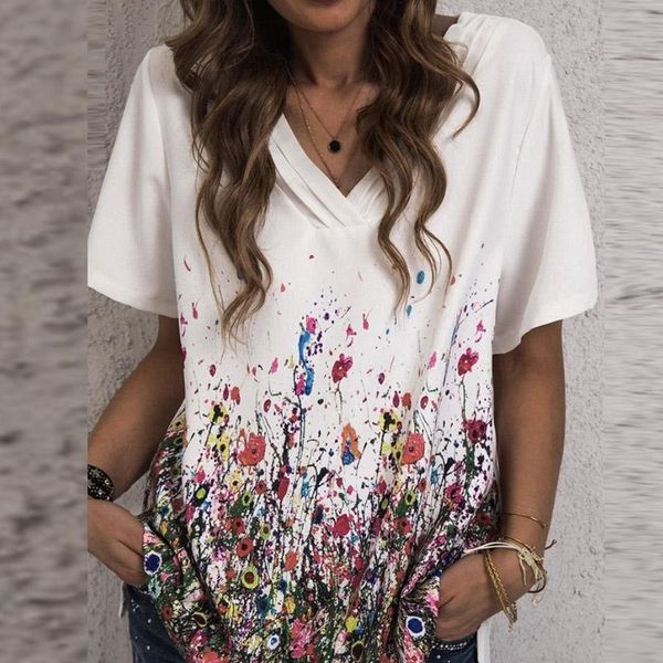

casual floral print blouse shirt women 2021 summer v neck short sleeve loose pullover spring plus size streetwear blusa women's t-shir, White
