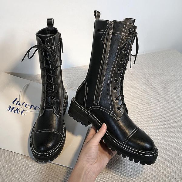 

boots motorcycle women black low heels lace-up genuine leather ankle gladiator