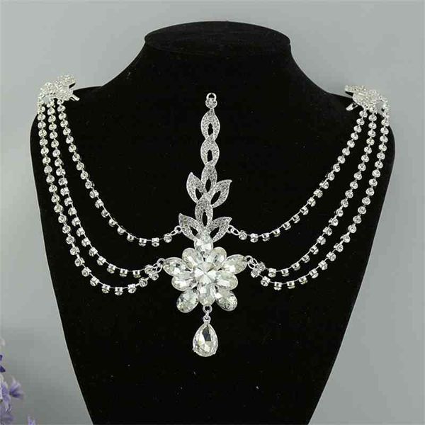 Versilberter indischer Kristall-Haarschmuck, Kopfschmuck, Stirnschmuck, Hochzeit-Diademe, Brautkette 2107012922