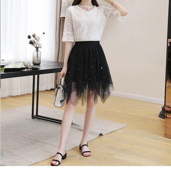 

skirts women's summer korean high waist and thin multi-level skirt, Black