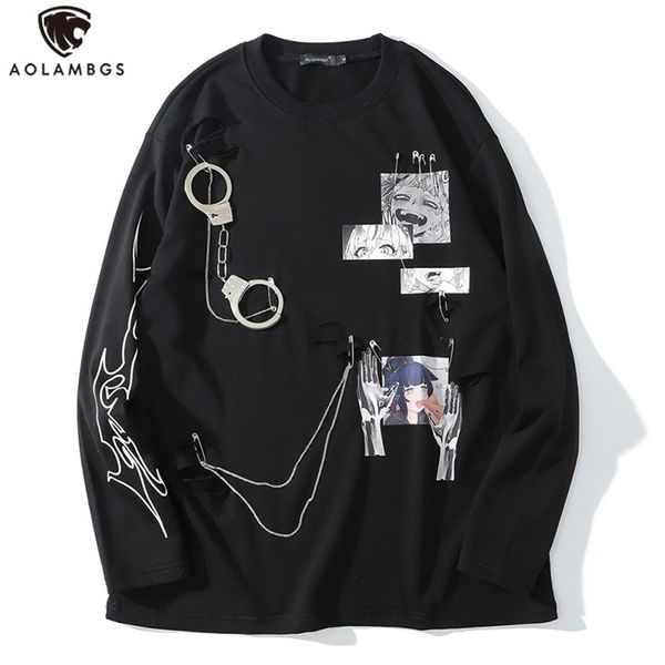 AOLAMEGS Comics Anime Manga Illustration Gancho e Loop Fastener Cadeia Design Fino Sweatshirt Streetwear Homens High Street Pullover 210715