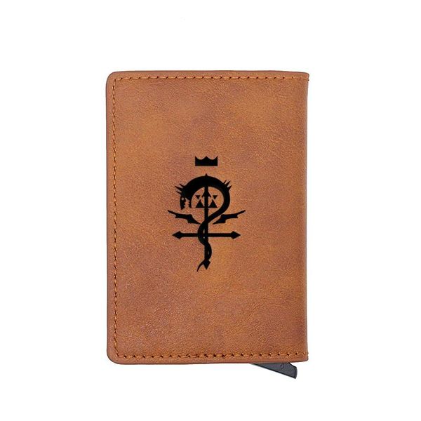 

card holders fashion fullmetal alchemist symbol carve holder wallets men rfid trifold leather slim mini small money bag male purses, Brown;gray