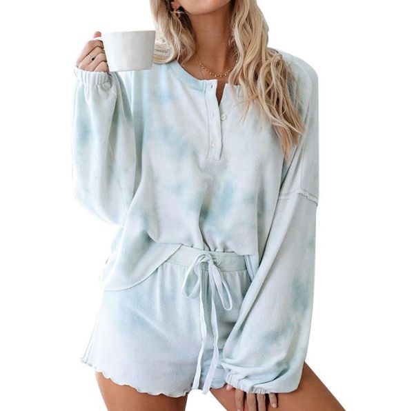 

summer european and american women's pants tie-dye printing casual long-sleeved shorts suit, White