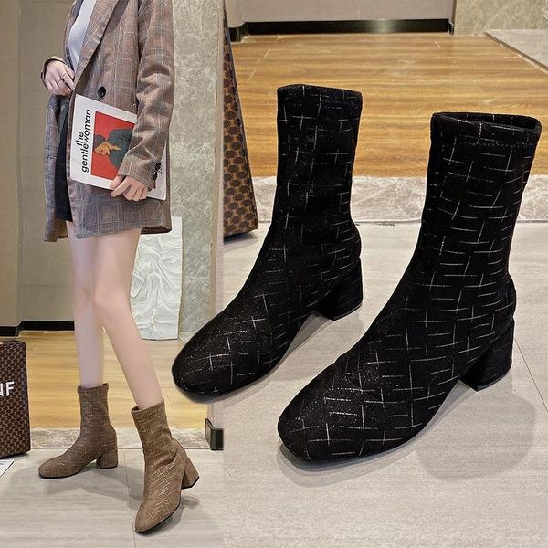 

boots one yona 2021 winter est keep warm women fashion low heels stretch fabric slip-on short, Black