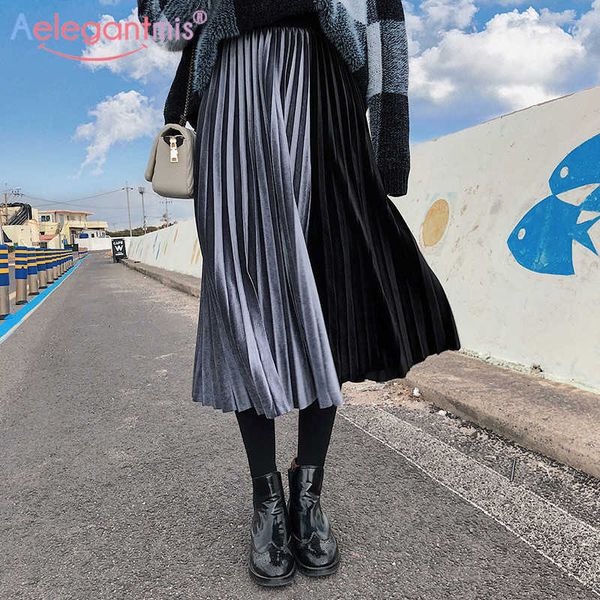 

aelegantmis spring korean loose velvet high waist pleated skirt women autumn color block patchwork long female soft warm 210607, Black