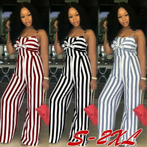 

women's jumpsuits & rompers 2021 elegant striped spaghetti strap women sets sleeveless backless bow casual wide legs leotard overall, Black;white