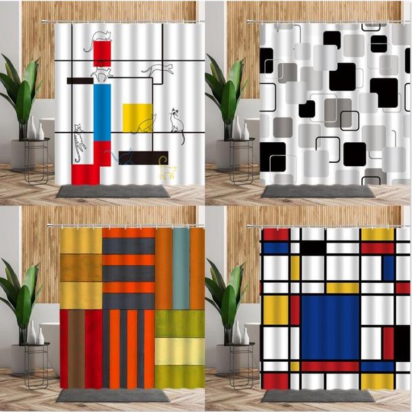 

shower curtains red yellow blue black square plaid line pet pattern curtain cat geometric design 3d bathroom decor creative bath