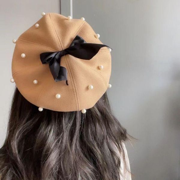 

berets pearl bowknot beret women winter wool hat retro cashmere women's warm adjustable ladies flat cap fashion accessories, Blue;gray