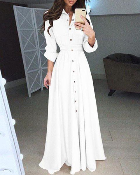 

casual dresses women long sleeve snap button solid color maxi dress, Black;gray