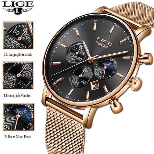 

year gift clock rose gold women lige watch business quartz watches ladies brand luxury watch female girl wrist watch+box 210527, Slivery;brown