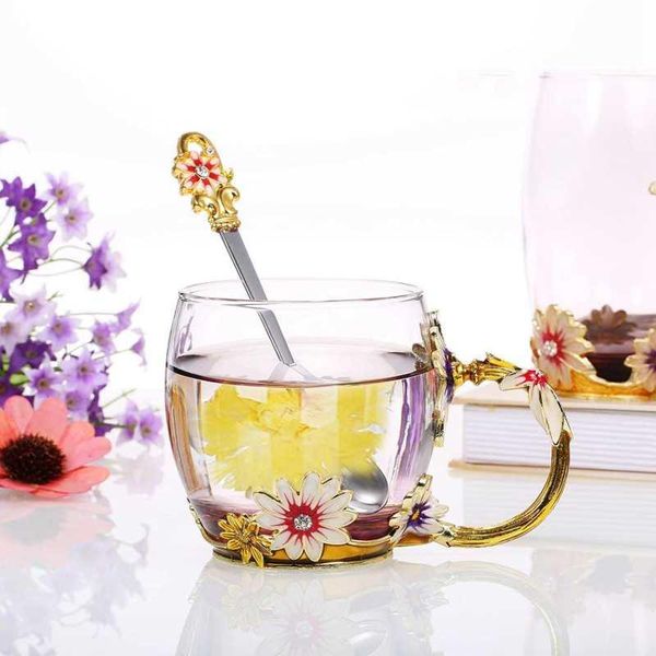 

decdeal flower tea mug enamel craft glass coffee lead drink with spoon cleaning cloth gift box gifts for women girl mugs