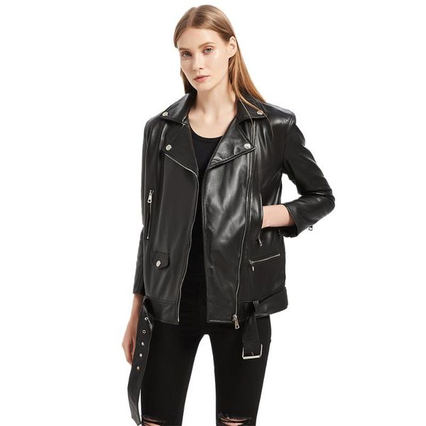 

women's leather & faux natural jacket women soft loose style long 100% sheepskin woman real skin coat autumn oversize bust 100-116cm m4, Black
