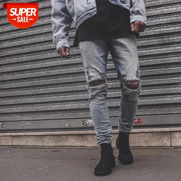 

knee hole distressed frayed washed jeans for men streetwear straight retro loose caual denim trousers oversize blue pencil pants #ed6z