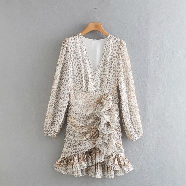 

women v-neck cascading ruffle leopard print chiffon mini dress casual femme lantern sleeve dresses lady clothes vestido d6383, Black;gray
