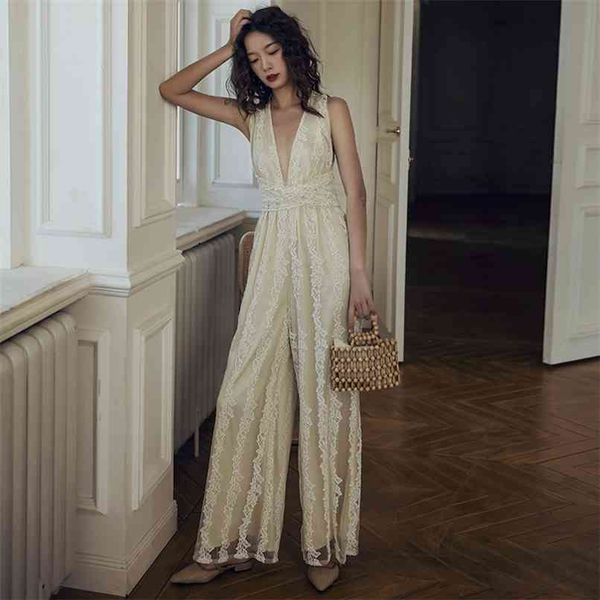 

lace jumpsuits women sleeveless deep v-neck backless full length ladies beach style heavy embroidery romper 210601, Black;white