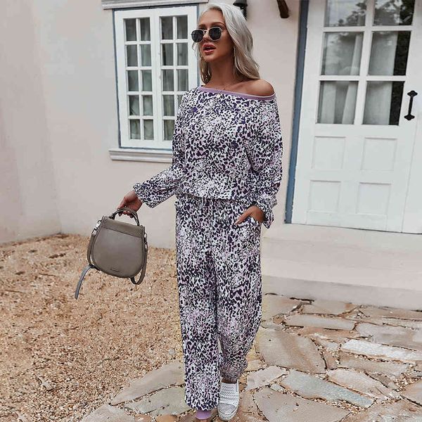 

spring printed jumpsuits off shoulder pullovers and long pants track suits loose casual women's long-style jumpsuits 210524, White