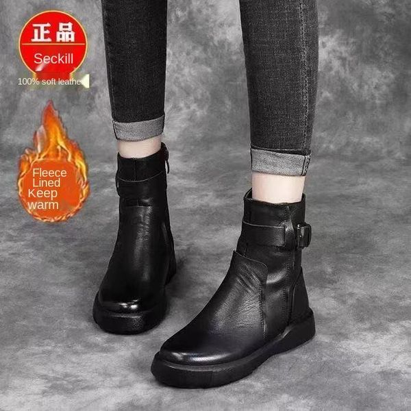 

boots autumn cowhide booties women's flat 2021 winter cotton plus velvet warm, Black