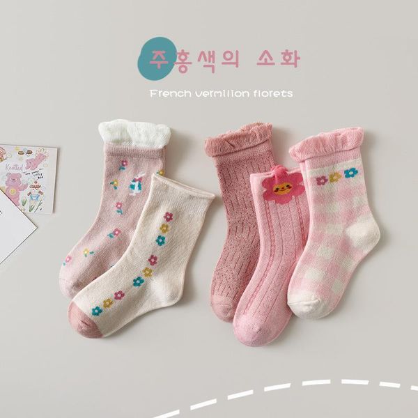 

socks 5 pairs children's autumn winter cartoon pink girl lace babies cotton clothes for borns baby accessories, Pink;yellow