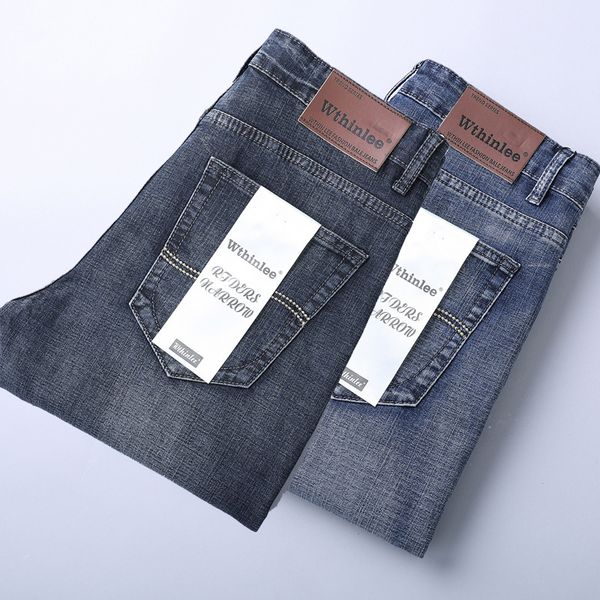 

summer thin jeans straight loose large business stretch casual men's pants, Blue