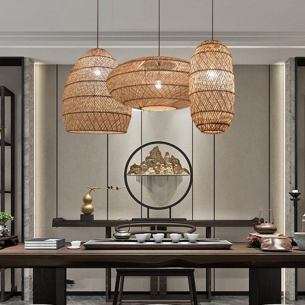 Lâmpadas pendentes naturais vime vime pendurado lâmpada estilo chinês suspensão vintage para sala de estar Dining casa de fazenda iluminação