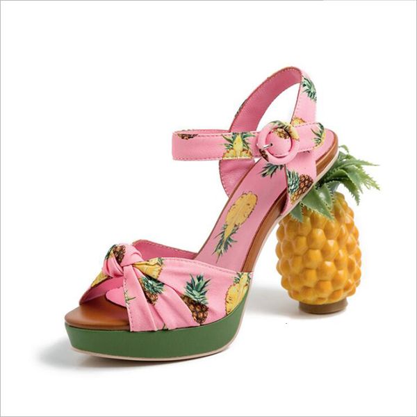 

sandals 2021 summer pineapple high heels buckle strap women fish mouth pink printed peep toe pumps platform novelty shoes iyhl, Black