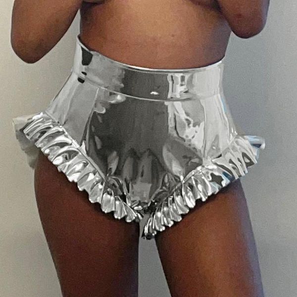 

women's shorts summer ruffle solid holiday zipper pu leather women streetwear high waist night club y2k, White;black