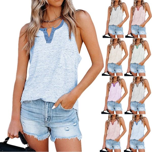 

2021 fashion women's new loose casual printed pocket button vest t-shirt, White