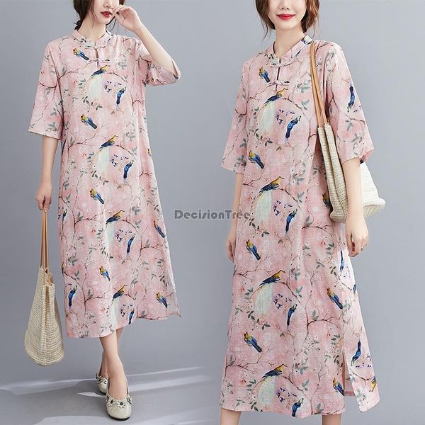 

chinese dress cheongsam qipao floral print vintage oriental style dresses cotton and line ethnic clothing, Red