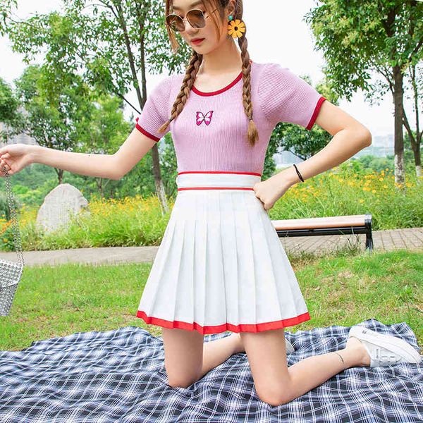 

skirt fashion all-match mini pleated female high waist contrast color sports short midi, Black