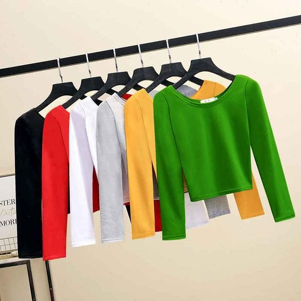 Farben Solide T Crop Top Frauen T-shirt Abgeschnitten Schlank Hohe Taille Kurze Lange Hülse Grundlegende Herbst Kleidung Tops Frau Freies