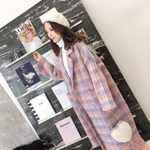 

women's knits & tees 2021 women autumn winter korean loose knit plaid outwear female warm jackets ladies mink velvet sweater cardigan c, White