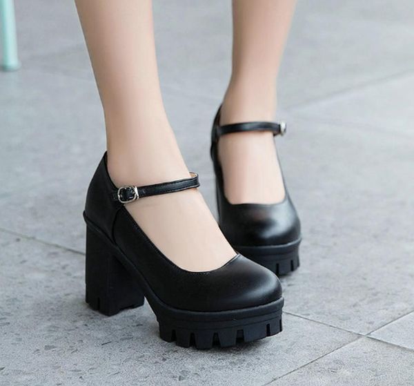 

dress shoes women pumps chunky waterproof high heels pu leather woman office ladies shoe student female mujer sapato feminino k0382, Black