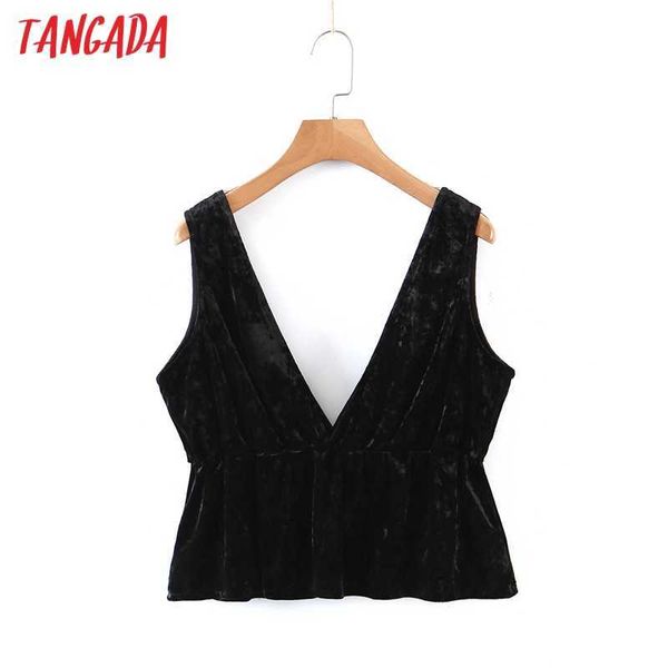 Tangada Kadınlar Siyah Kadife Tank Top Derin V Boyun Kolsuz Backless Kadın Backless Ruffles Tops QW29 210609