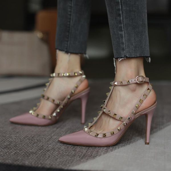 

dress shoes 2021 luxury rivet slingback high heels bandage pointed toe bride brand women pumps stiletto party wedding, Black