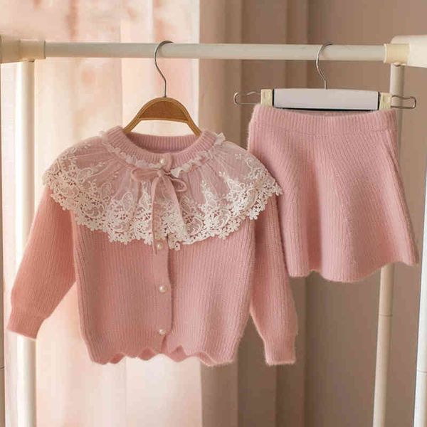 

children's sweater autumn winter kid set ' lace solid color long +short dress 2pcs girls 210515, White