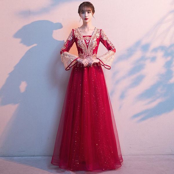 

vintage burgundy bride wedding qipao elegant square neck lace embroidery a-line tulle party dress ethnic clothing, Red