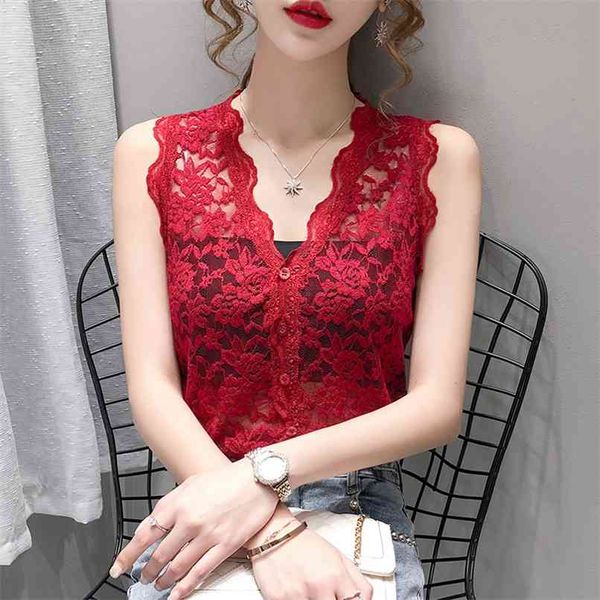 

fashion lace summer sleeveless cardigan korean style slim bottoming shirt perspective vest 210520, White